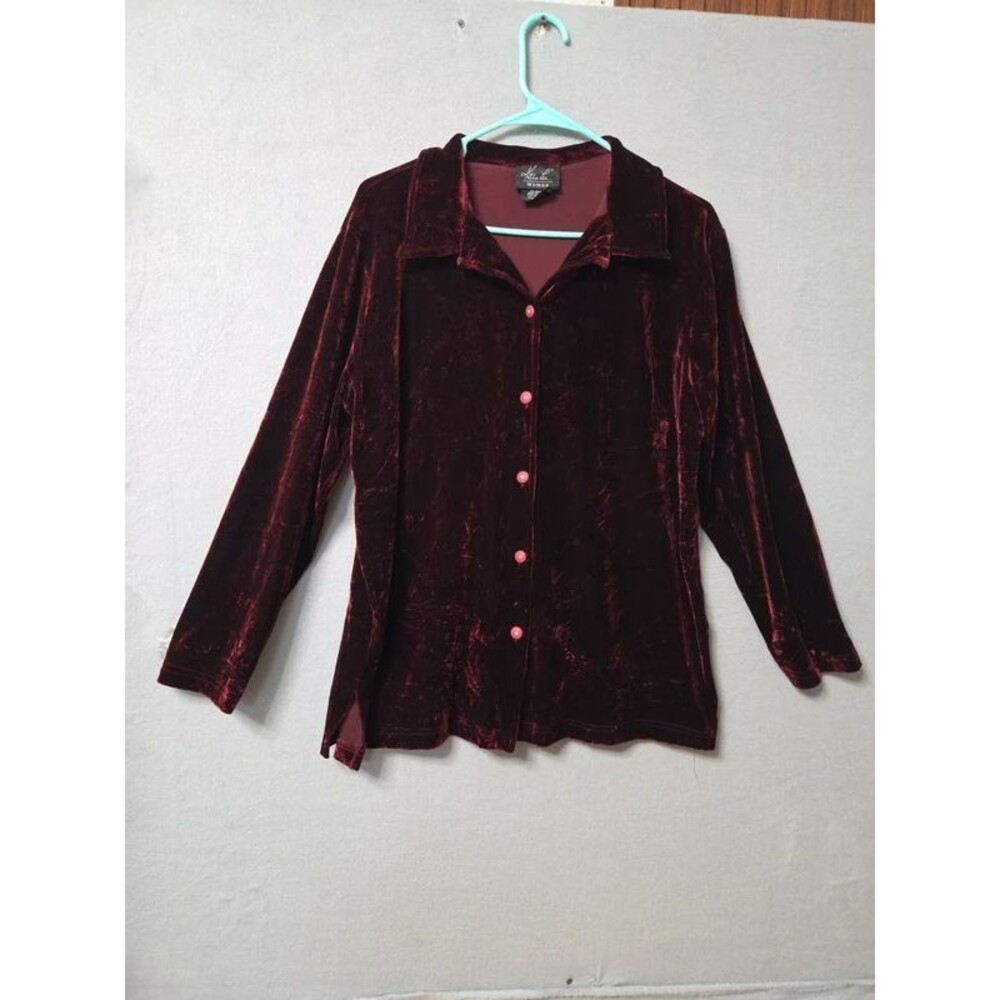 Vintage 90s Burgundy Velvet Button Down Shirt - Kathie Lee Woman